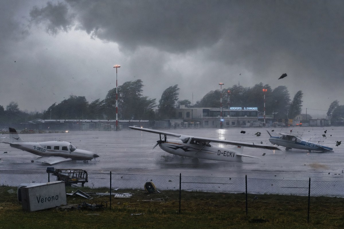 Powerful Storm Sends Multiple Aircraft Rolling Across Airport in Forli, Italy