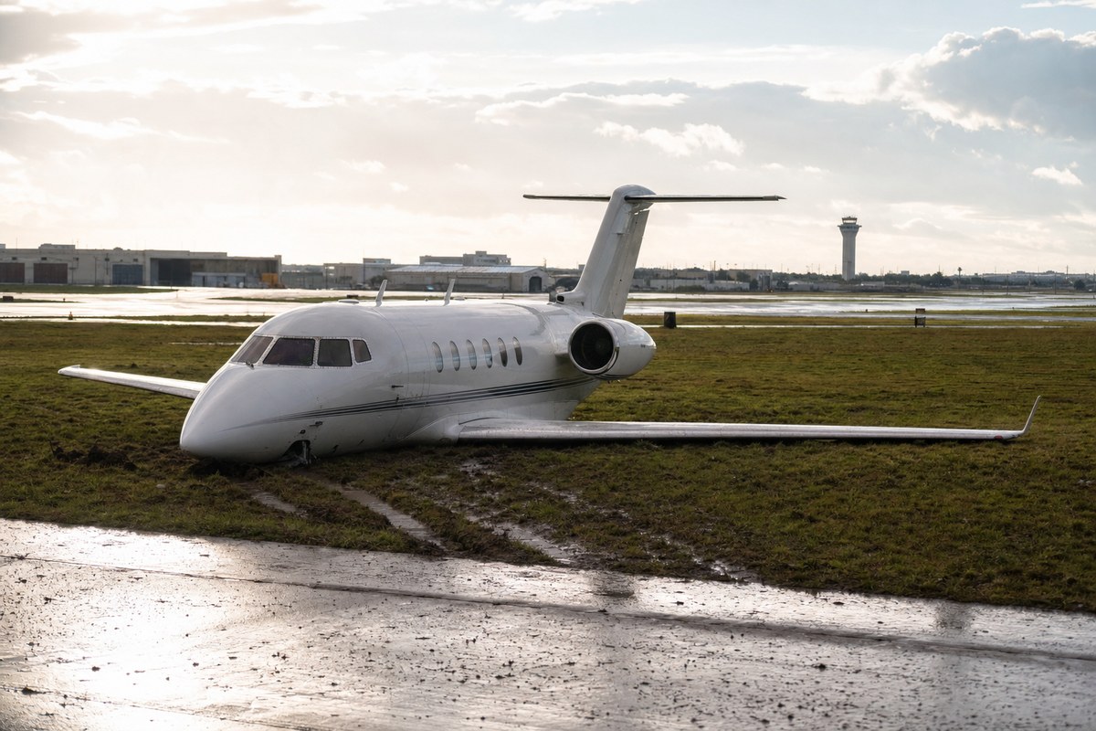 Private plane veers off runway at San Antonio International Airport after nose gear collapse; three aboard unhurt