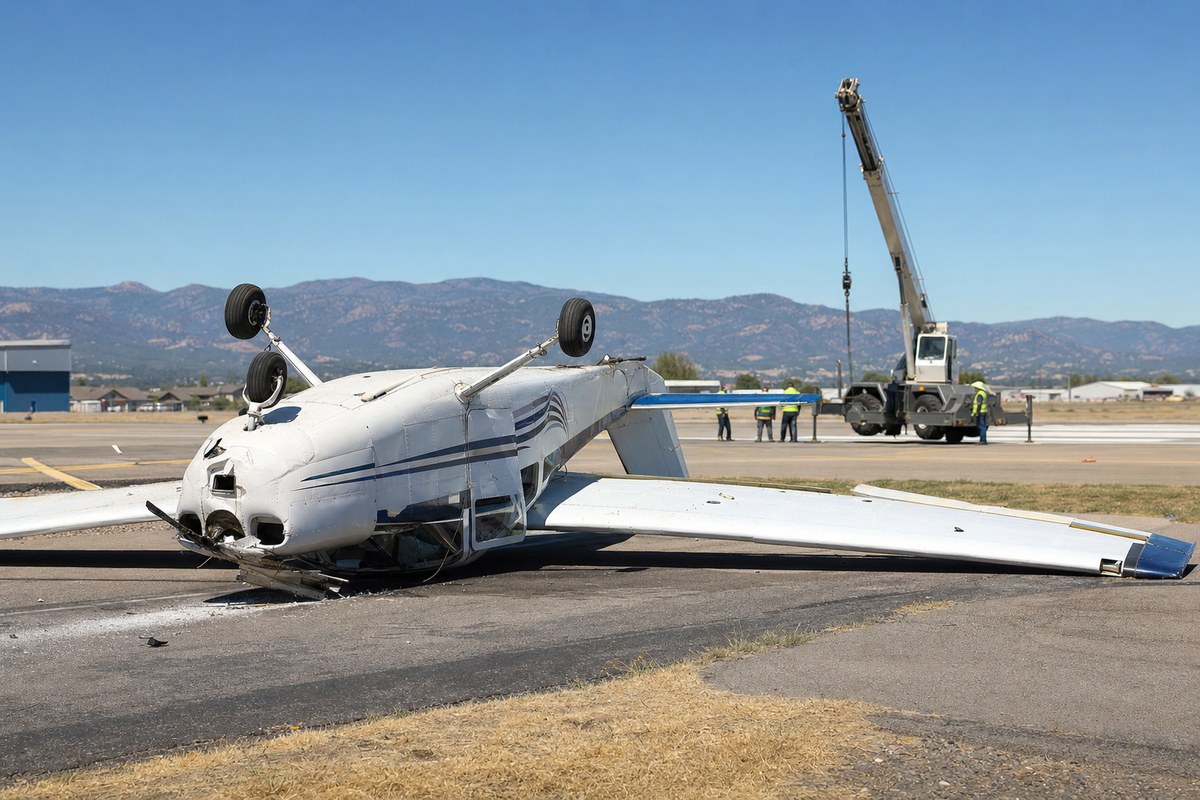 Small Plane Flips Upside Down at Rogue Valley International Medford Airport, Closing Runway