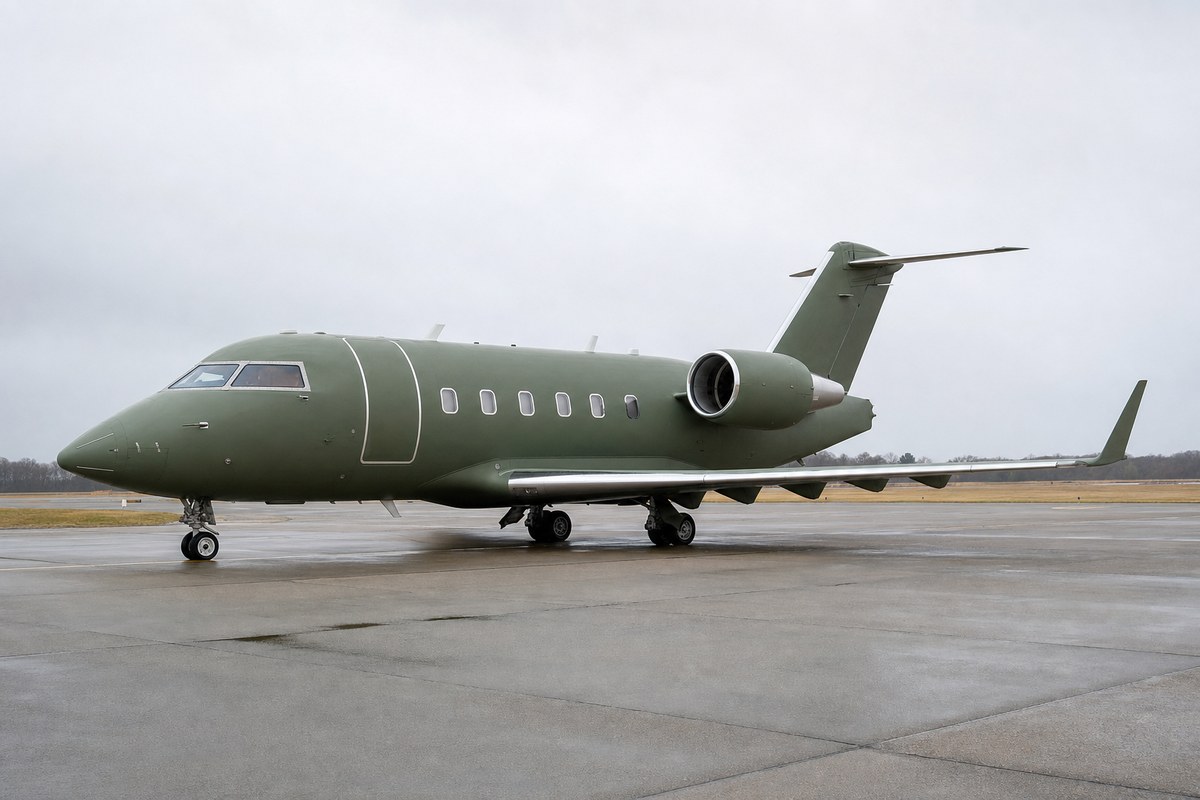 Volare Aviation completes full refurbishment of 2000-build Bombardier Challenger 604 with matte green livery and confere