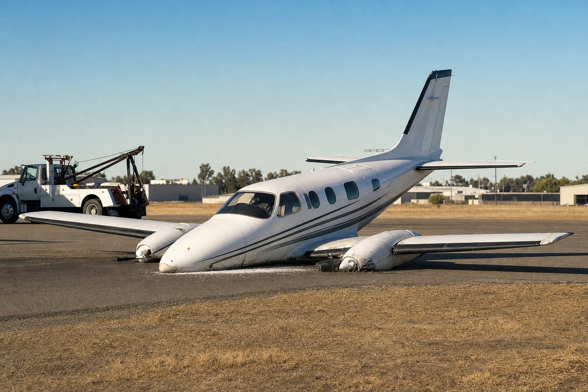 Small plane makes belly landing at Fresno Chandler Executive Airport after landing gear failure